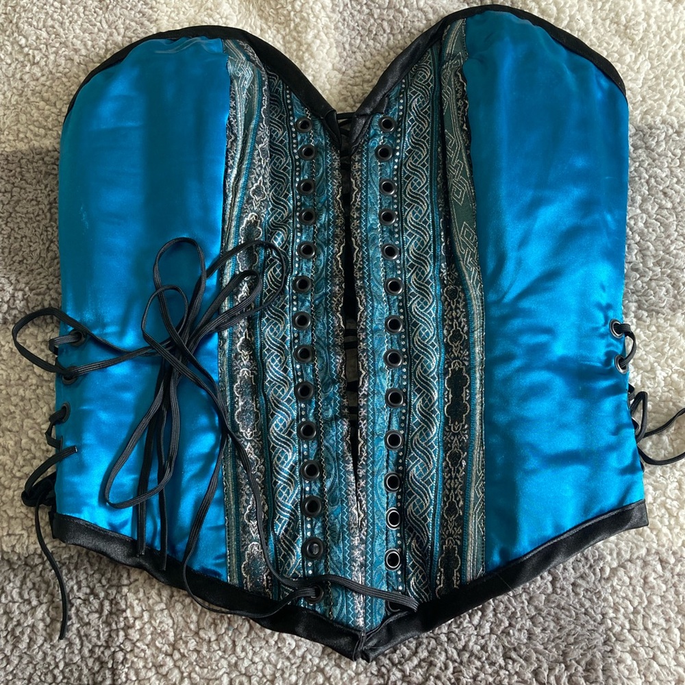 Teal Satin Lace-Up Overbust Corset